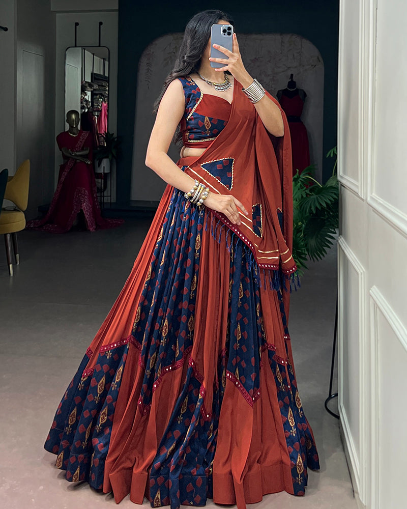 Orange And Blue Color Rayon Tussar Silk Navratri Lehenga Choli