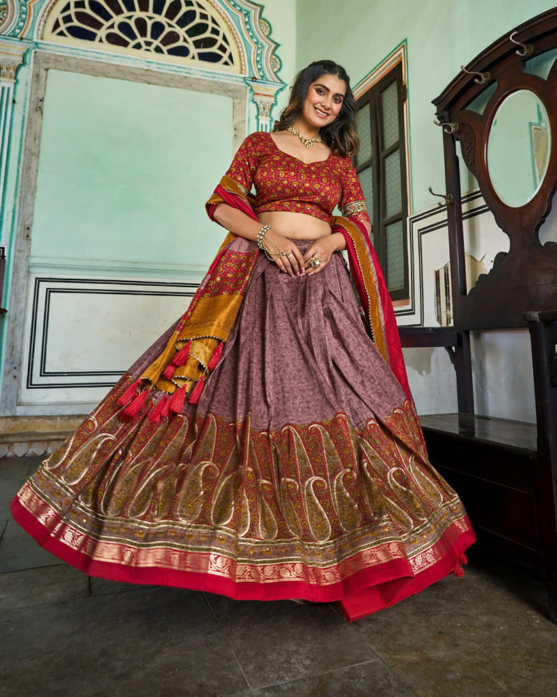 Designer Onion Color Tussar Silk Kashmiri Print Lehenga Choli