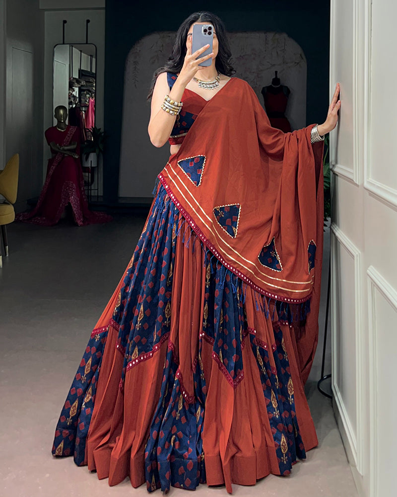 Orange And Blue Color Rayon Tussar Silk Navratri Lehenga Choli