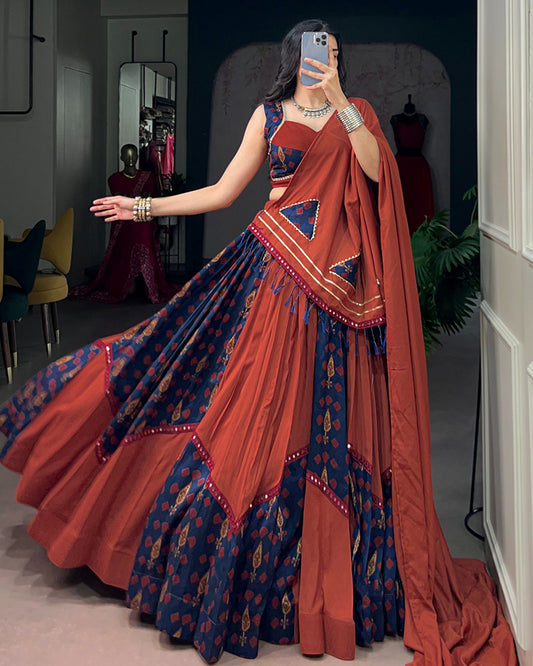Orange And Blue Color Rayon Tussar Silk Navratri Lehenga Choli