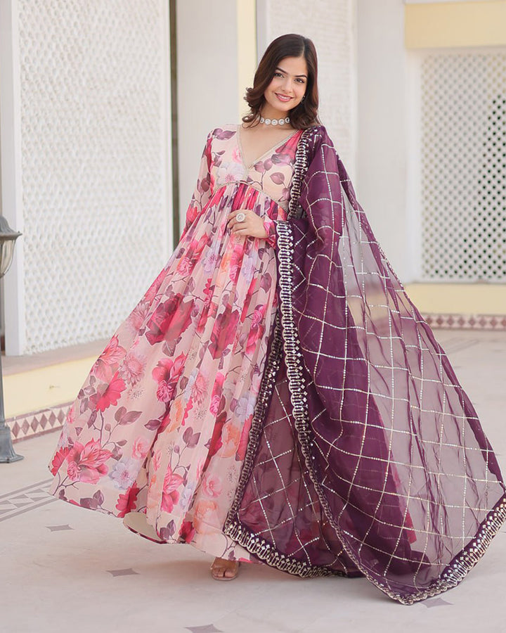 Purple-Pink Color Floral Embroidered Alia Cut Gown With Dupatta