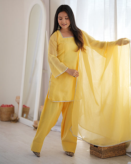 Yellow Color Crunchy Silk Farshi Suit