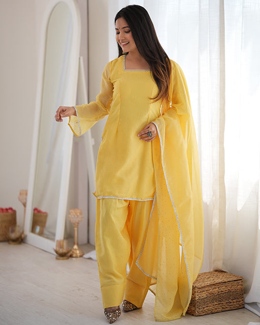 Yellow Color Crunchy Silk Farshi Suit