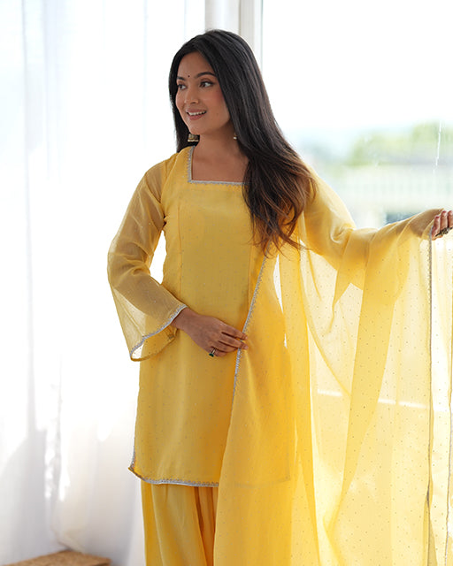 Yellow Color Crunchy Silk Farshi Suit