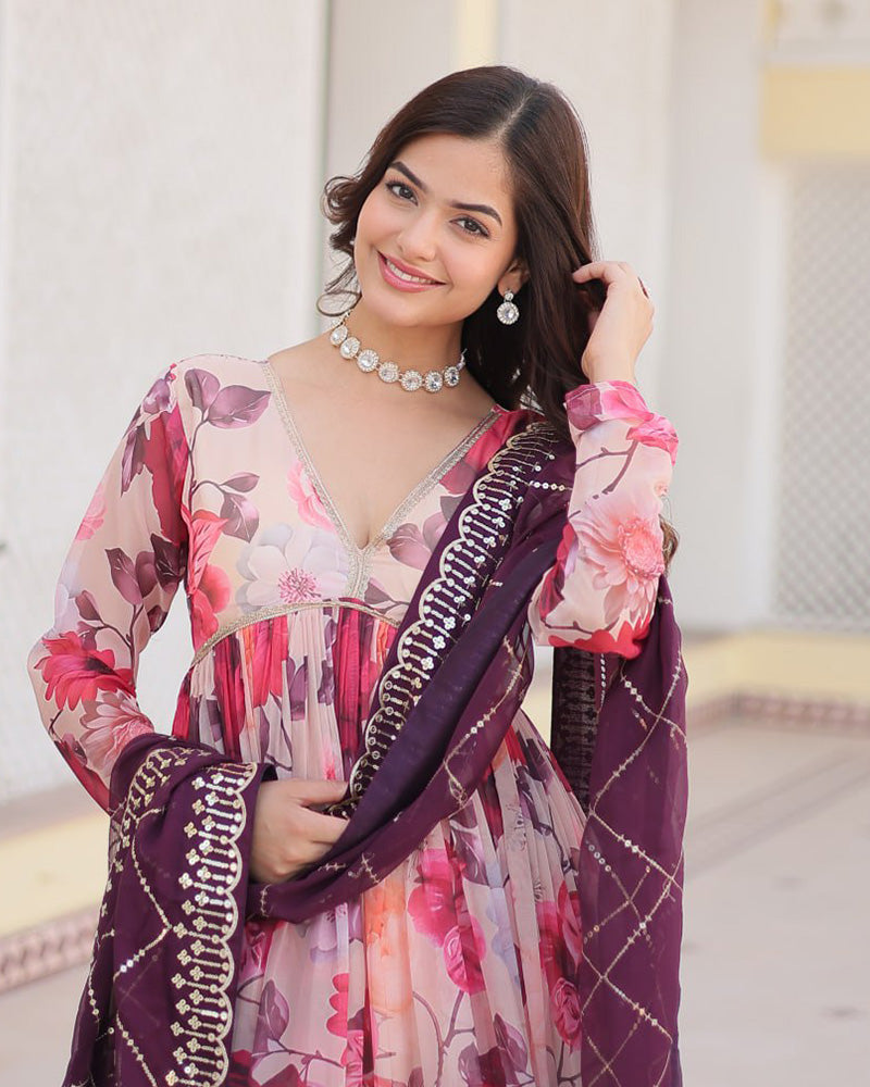 Purple-Pink Color Floral Embroidered Alia Cut Gown With Dupatta