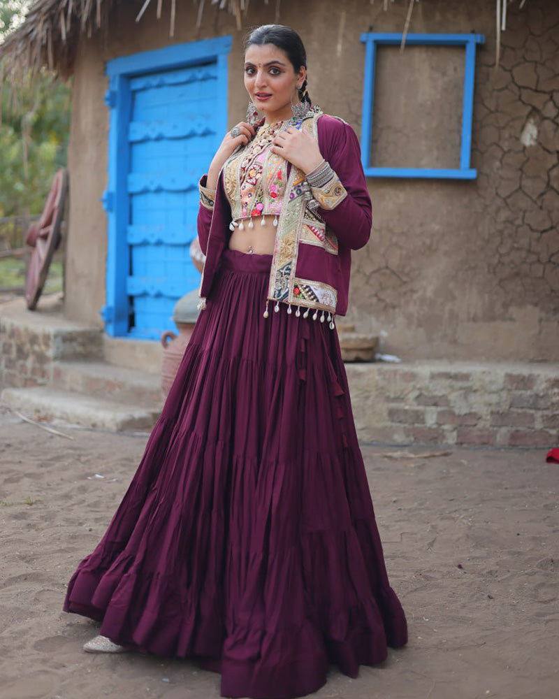 Wine Color Rayon Embroidered Navratri Lehenga Choli