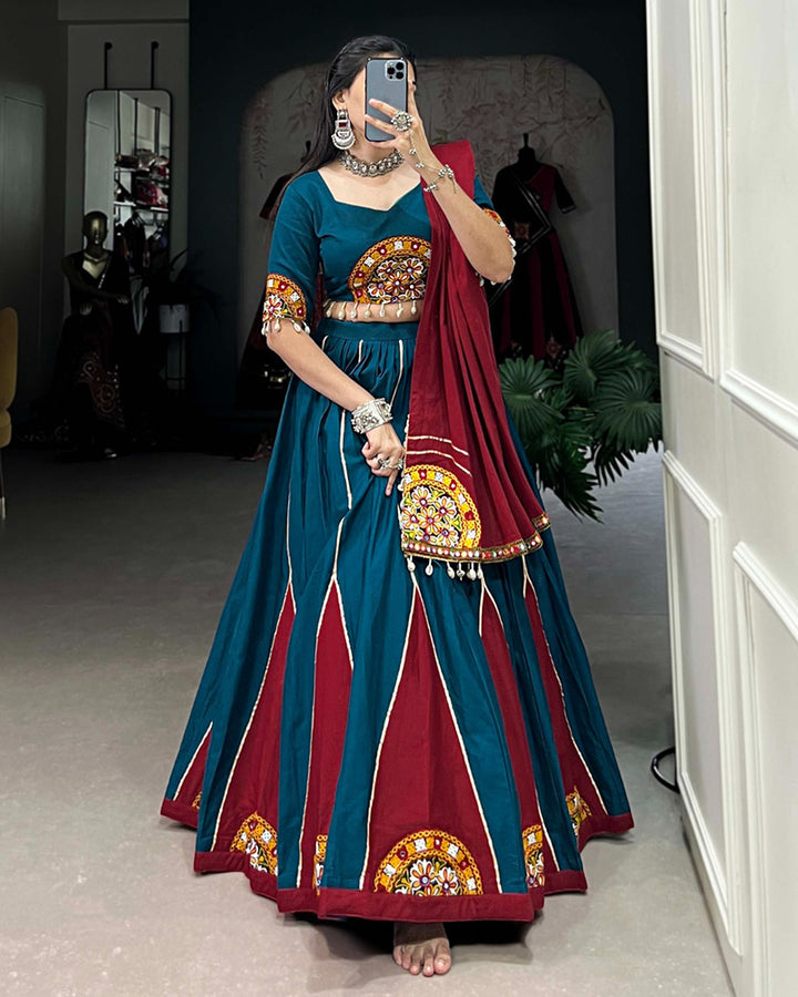 Teal green Color Pure Cotton Navratri Lehenga Choli