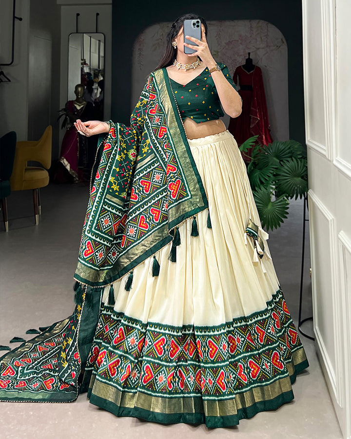 Green Color Tussar Silk Patola Printed Lehenga Choli