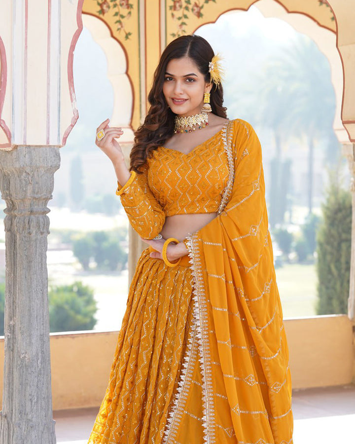 Yellow Color Georgette Heavy Embroidery Threaded Semi Stitched Lehenga Choli