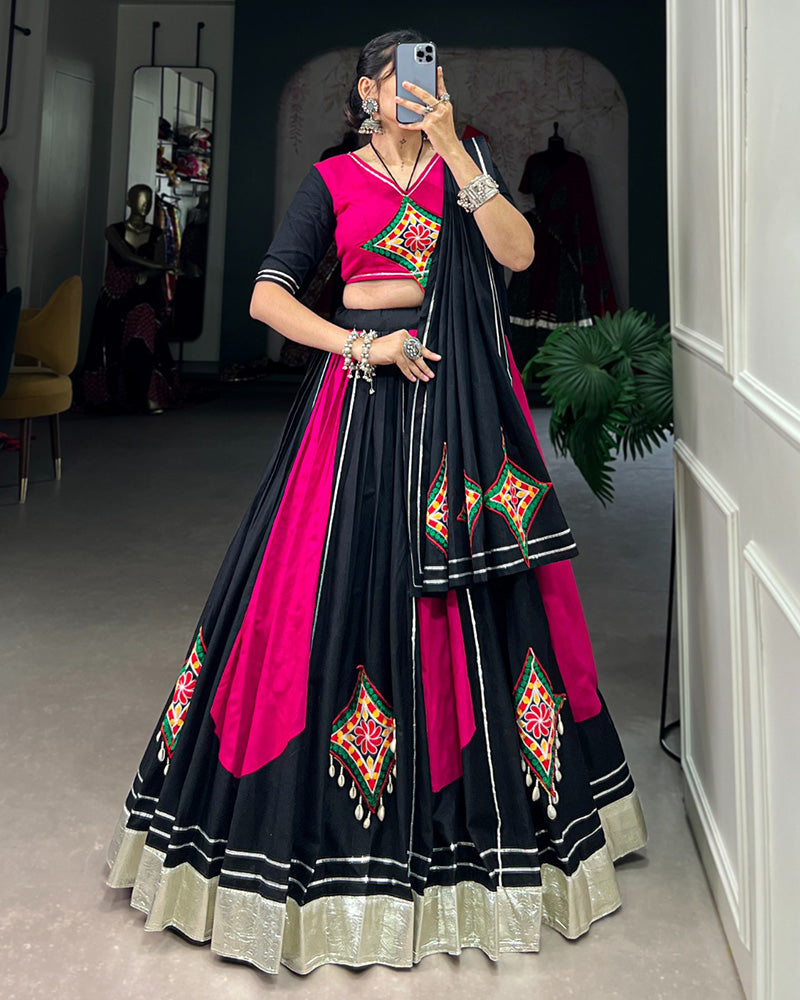 Pink And Black Color Cotton Navratri Lehenga Choli