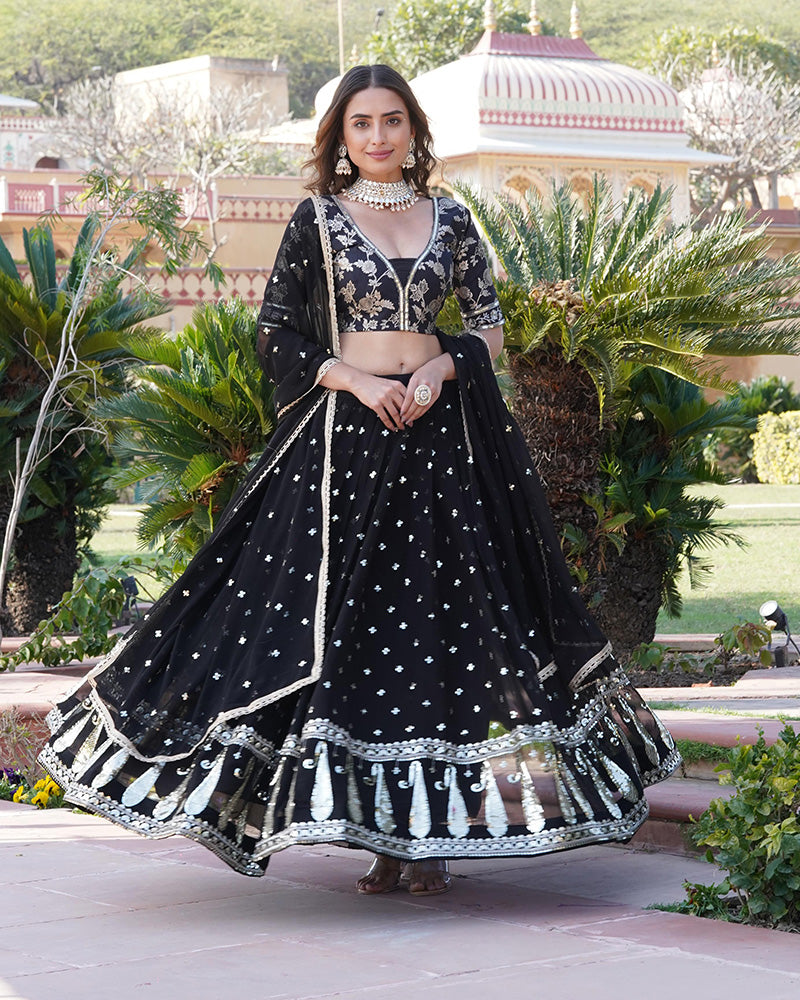Black Color Sequence Embroidered Faux Blooming Lehenga Choli