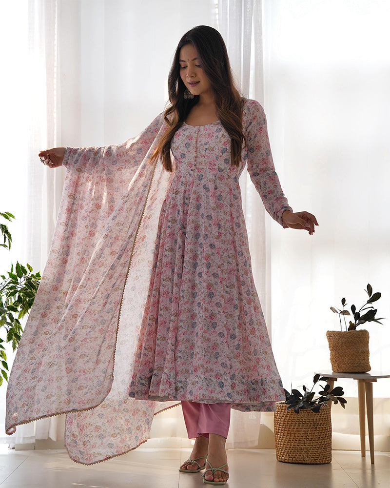 Baby Pink Color Heavy Chiffon Floral Print With Full Flair Three Piece Anarkali Suit