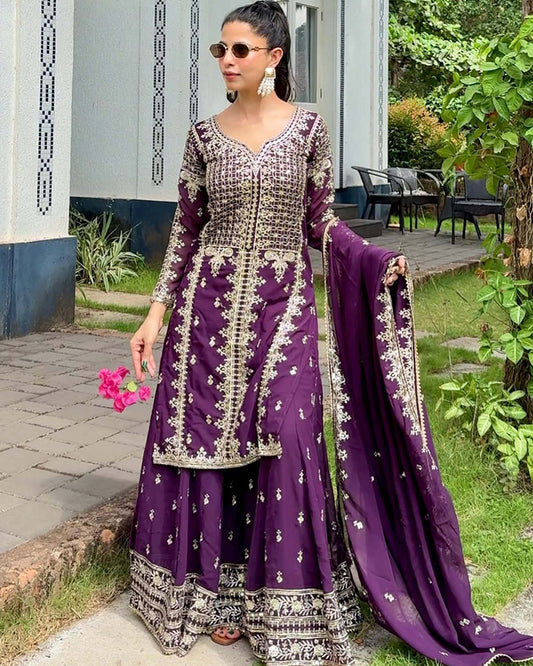 Wine Color Faux Georgette Embroidered Sharara Suit