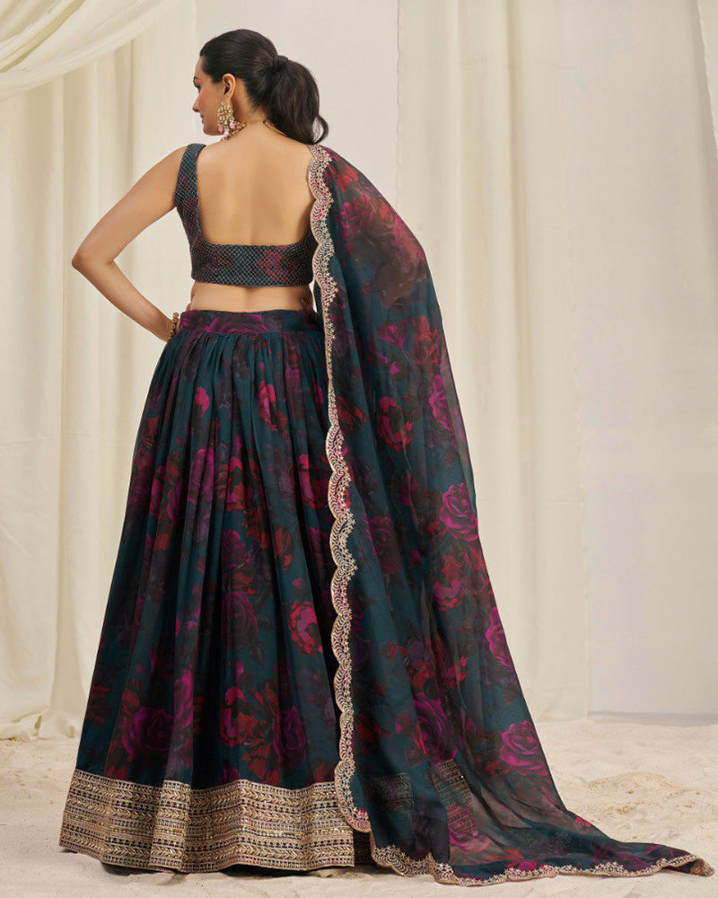 Rama And Pink Color Floral Print Soft Organza Lehenga Choli
