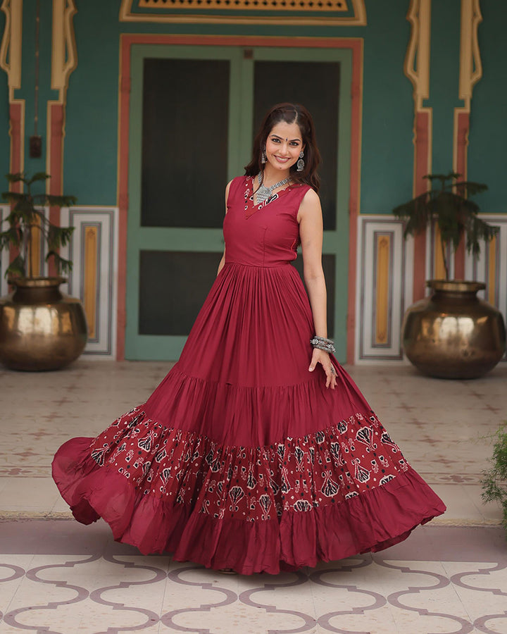 Maroon Color Reyon Printed Navratri Gown