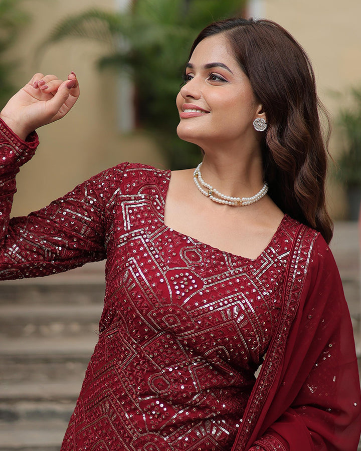 Maroon Color Faux Georgette Embroidered Sharara Suit