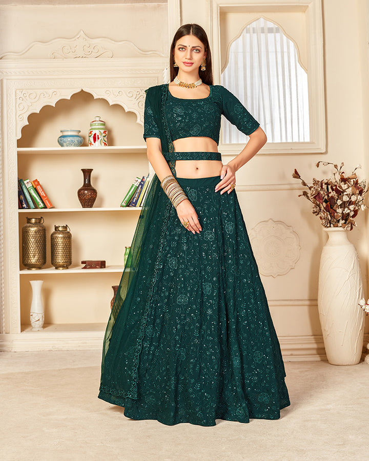 Designer Dark Green Color Georgette Semi Stitched Lehenga Choli