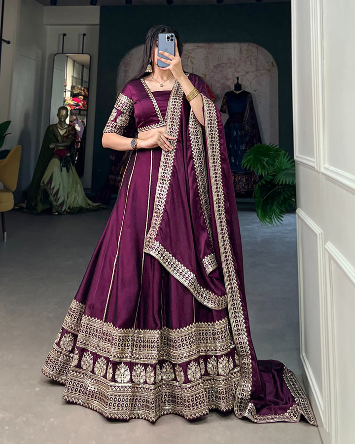 Wine Color Rangoli Silk Embroidered Lehenga Choli