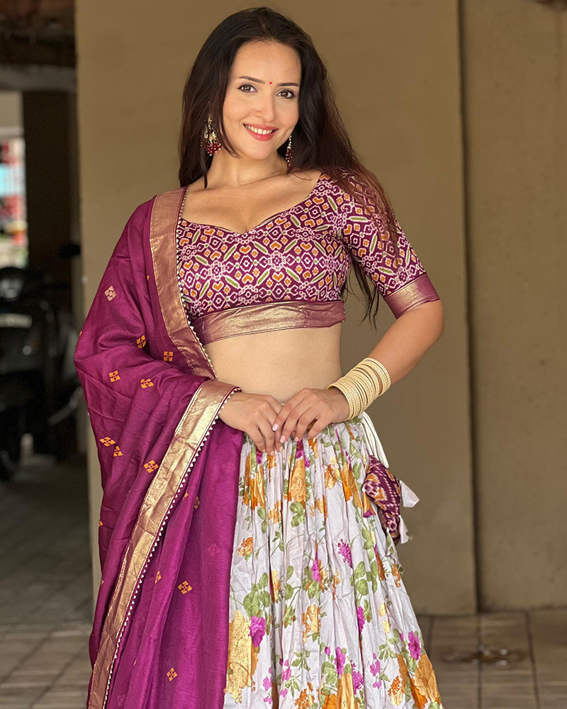 Wine Color Tussar Silk Floral And Patola Printed Navratri Lehenga Choli