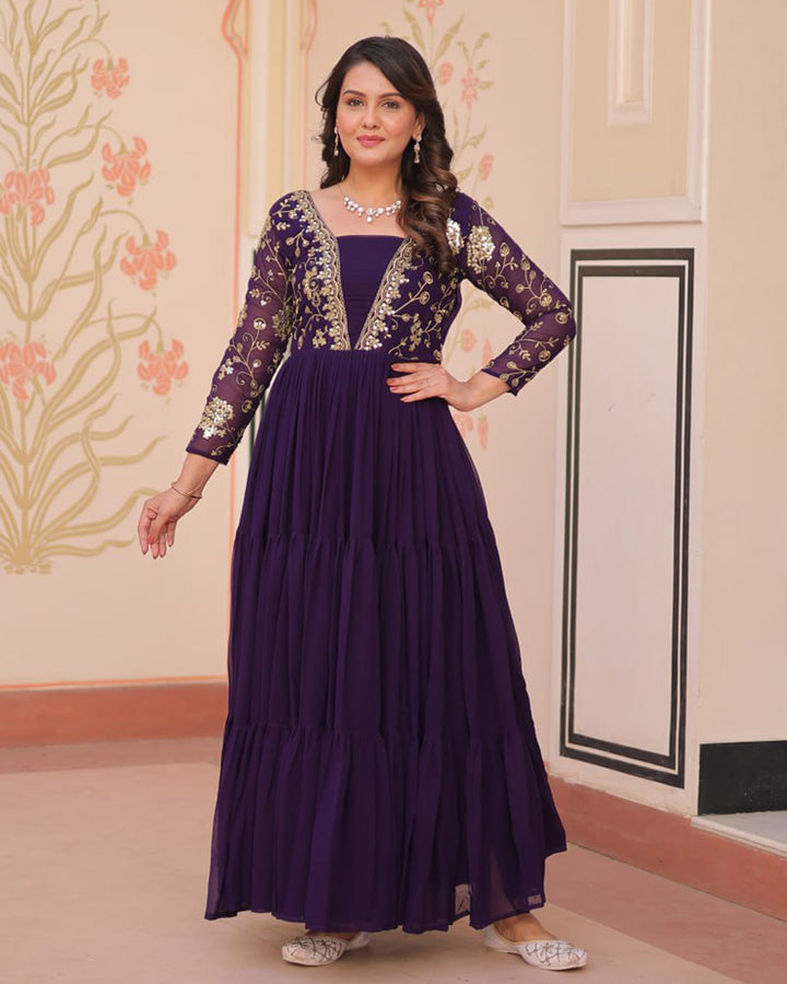Elegant Purple Floor-Length Gown With Golden Threadwork