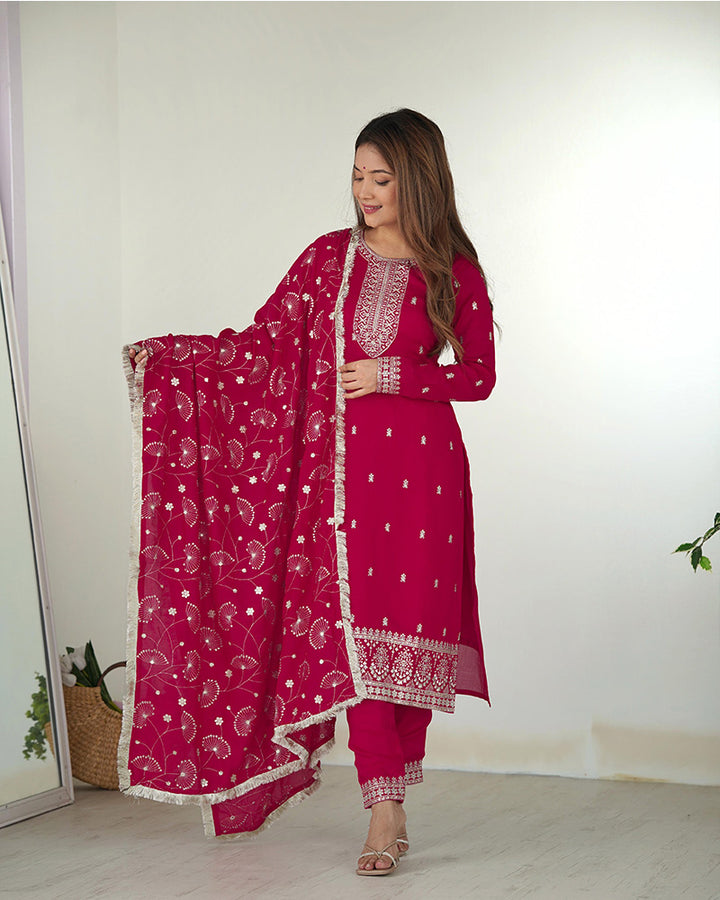 Rani Pink Color Rangoli Silk Three Piece Kurti Suit