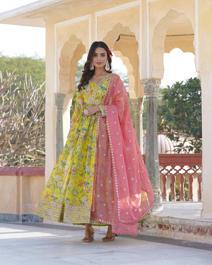 Wedding Wear Zari Embroidered Yellow Color Gown With Dupatta