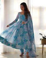 Sky Blue Color Pure Soft Organza Three Piece Anarkali Suit