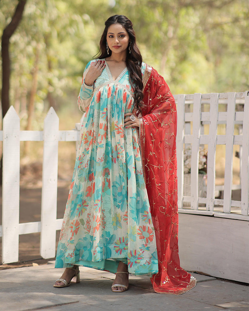 Sky Blue Color Alia Cut Embroidered Gown With Dupatta