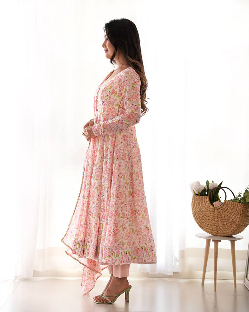 Multi Pink Color Chiffon Floral Print Three Piece Anarkali Suit
