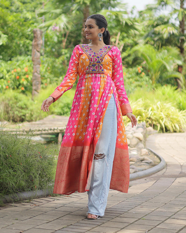 Yellow Pink Color Cotton Printed Navratri Kurti