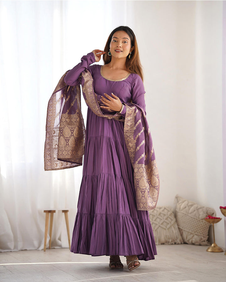 Dusty Purple Color Pure Roman Silk Ruffle Style Anarkali Suit