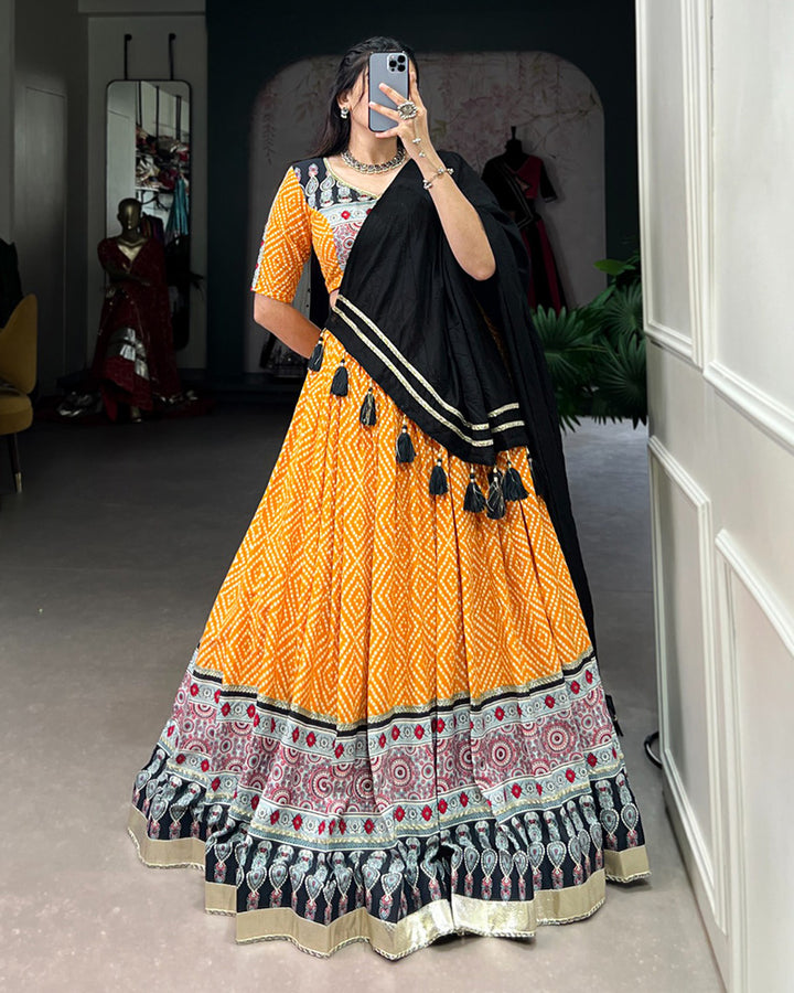 Yellow Color Rayon Bandhej Print Navratri Lehenga Choli