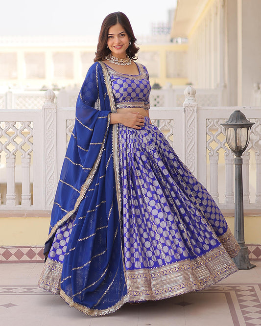 Blue Color Pure Viscose Jacquard Lehenga Choli
