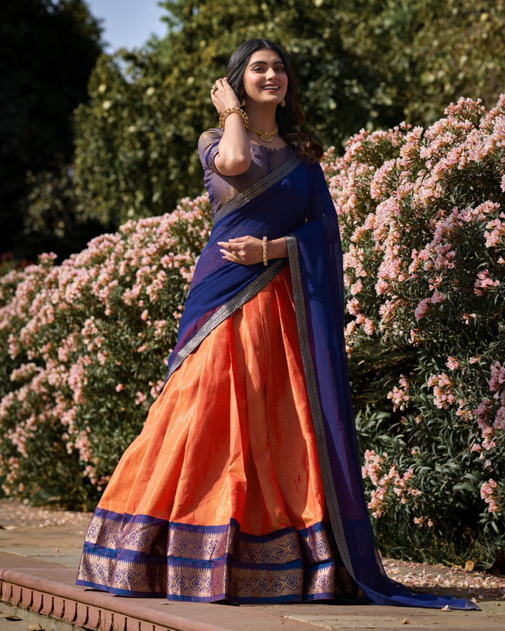 Orange Color Kanchipuram Silk Designer Lehenga Choli