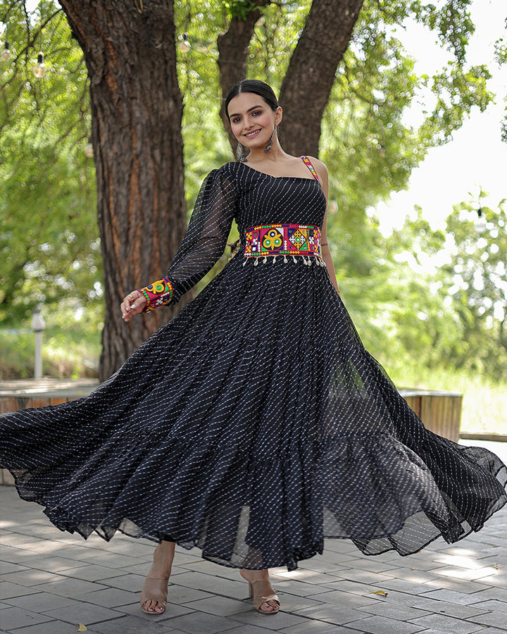 Black Color Georgette Laheriya Print Navratri Gown