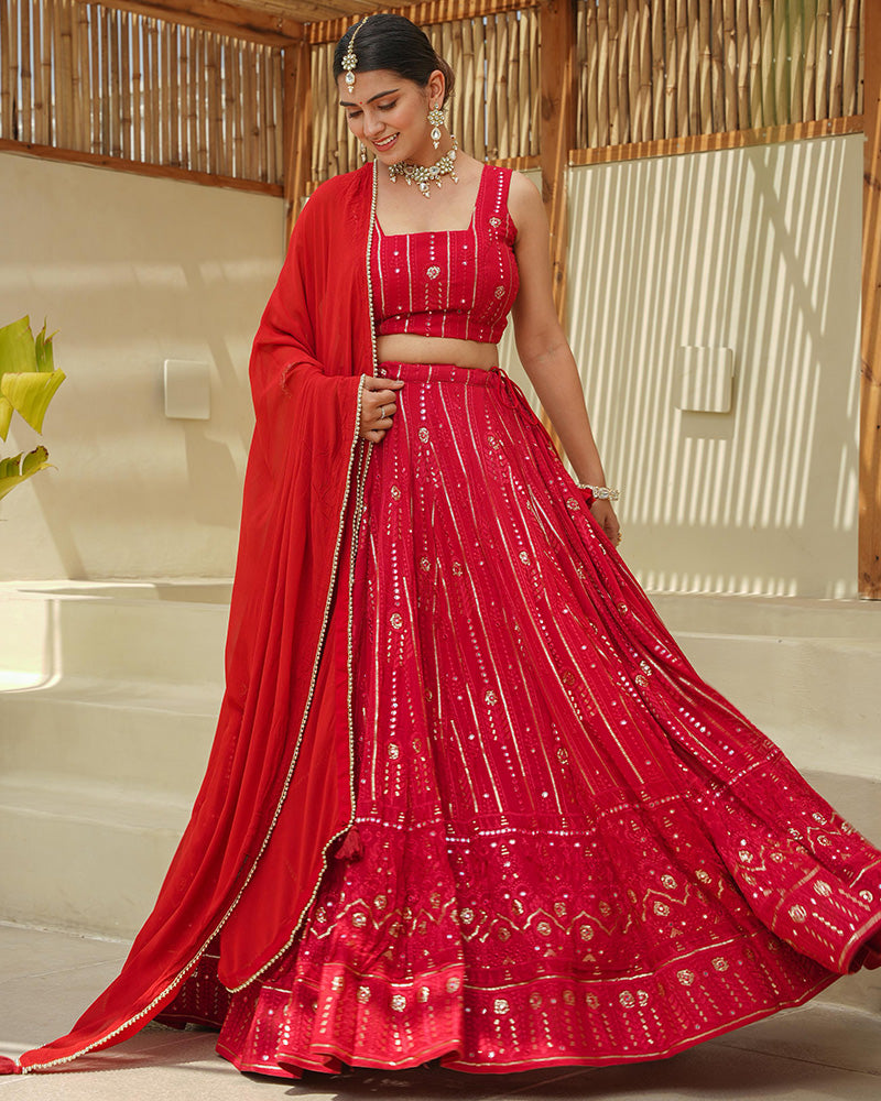 Tomato Red Color Lucknowi Style Embroidered Soft Georgette Lehenga Choli