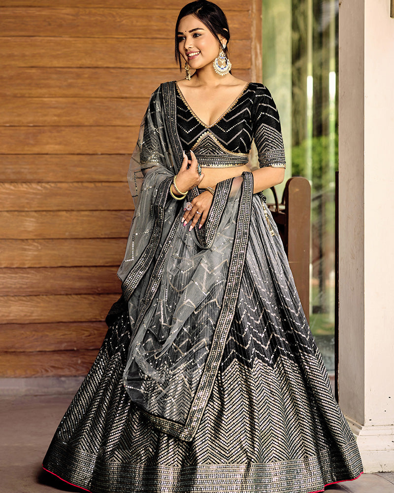 Black Color Chinon Embroidered Lehenga Choli