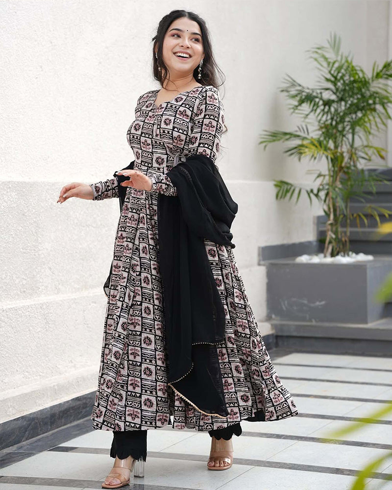 Black Color Rayon Printed Three Piece Anarkali Suit