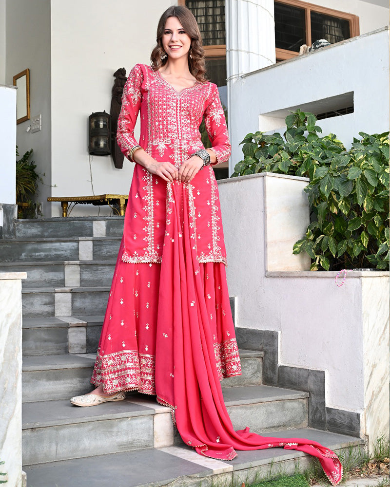 Rani Pink Color Faux Georgette Embroidered Sharara Suit