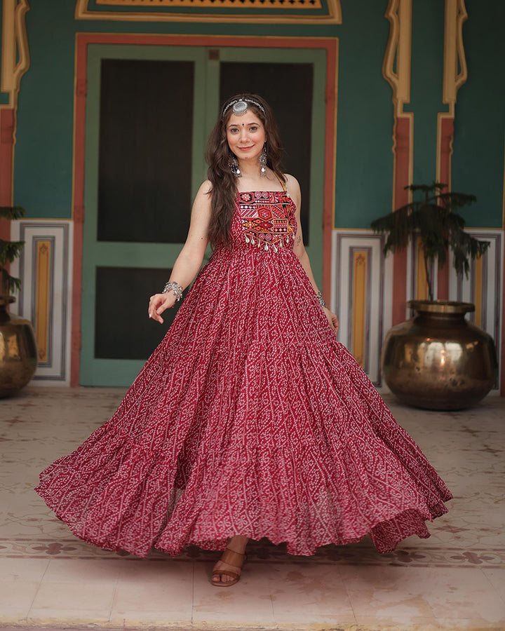 Maroon Color Georgette Bandhej Print Navratri Gown