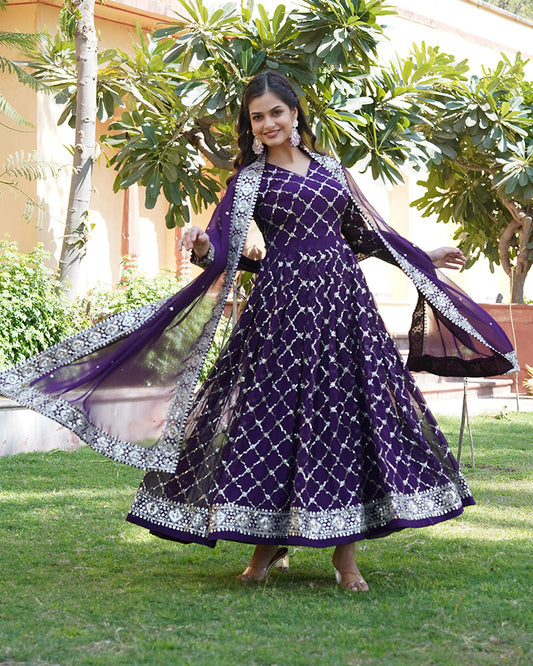 Designer Sequence Embridered Work In Faux Blooming Wine Color Anarkali Gown