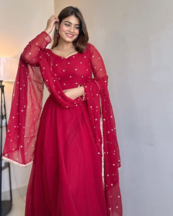 Kanak Mishra In Red Color Georgette Anarkali Three Piece Suit