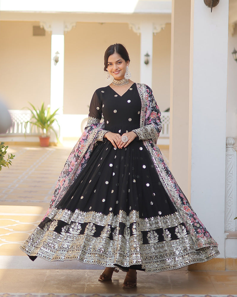 Black Color Faux Georgette Designer Gown With Dupatta