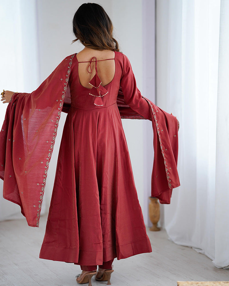 Maroon Color Roman Shimmer Chanderi Silk Three Piece Anarkali Suit
