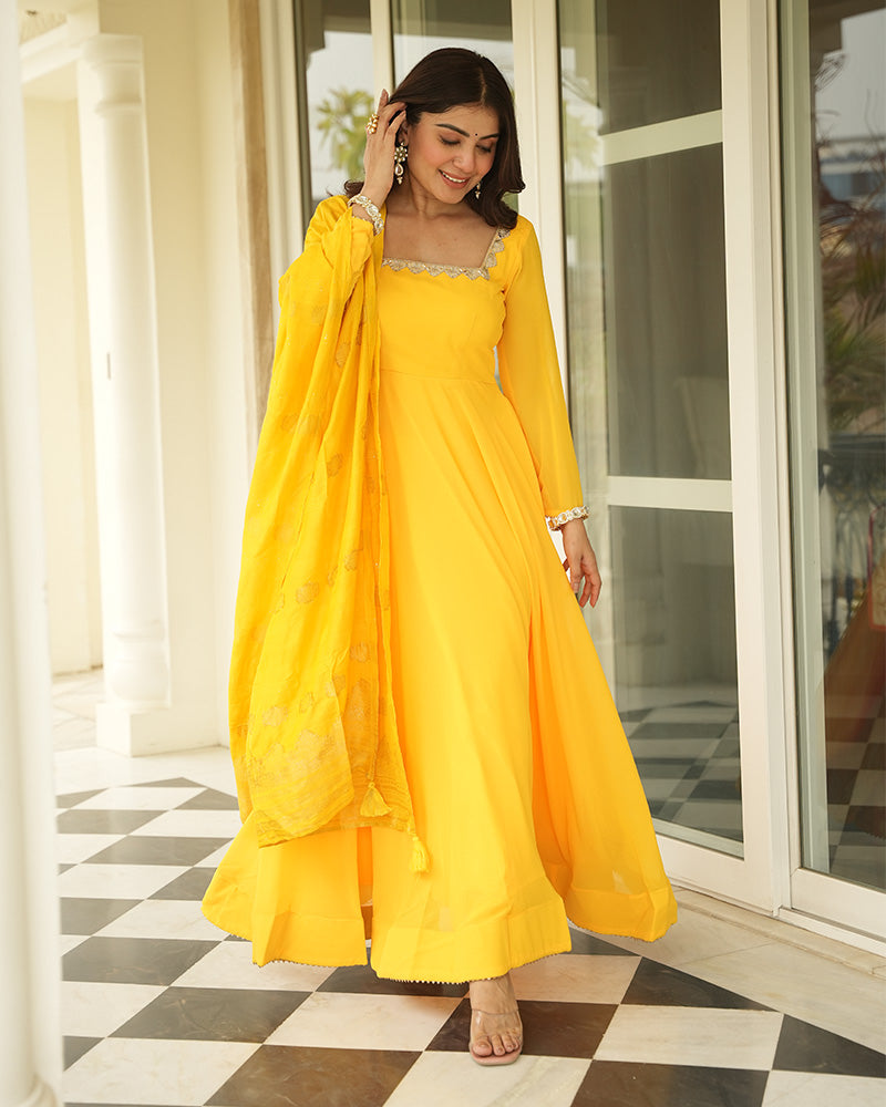 Yellow Color Georgette Three Piece Anarkali Suit