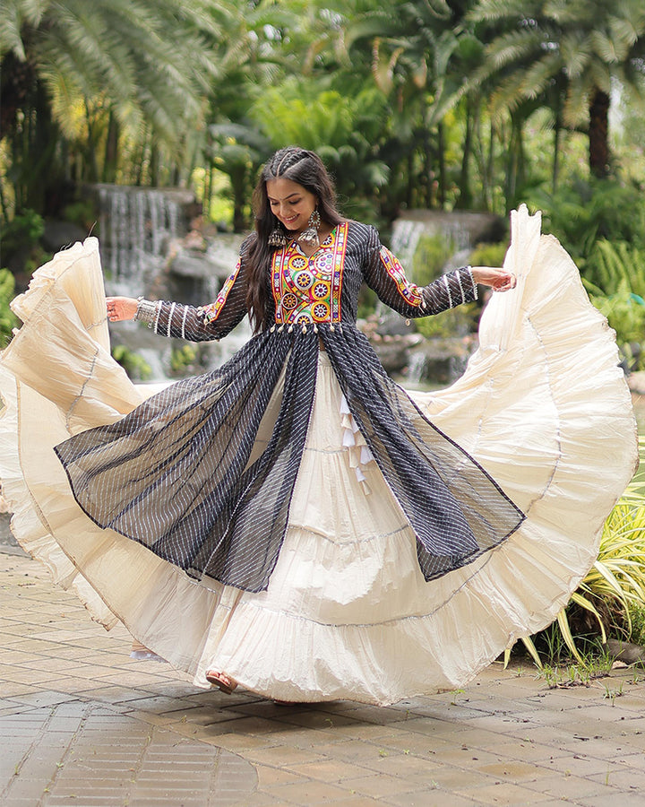 White Color Kora Cotton Lehenga With Black Kurti