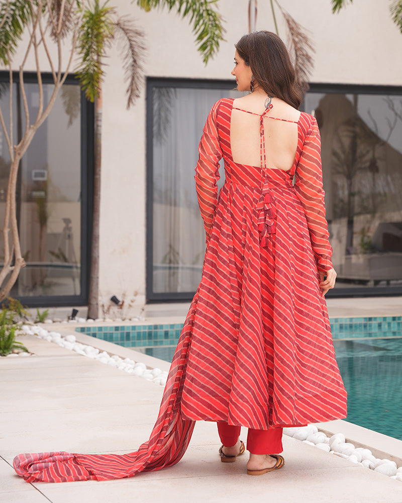 Orange And Brown Color Laheriya Print Tabby Organza Anarkali Suit