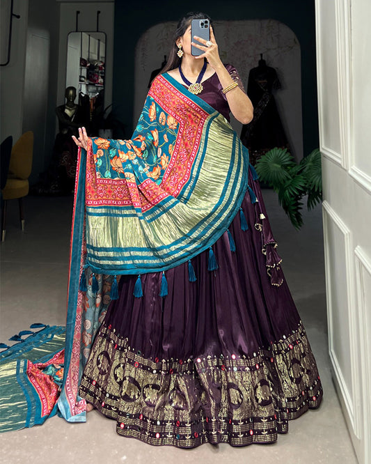 Wine Color Gaji Silk Real Mirror Work Lehenga Choli