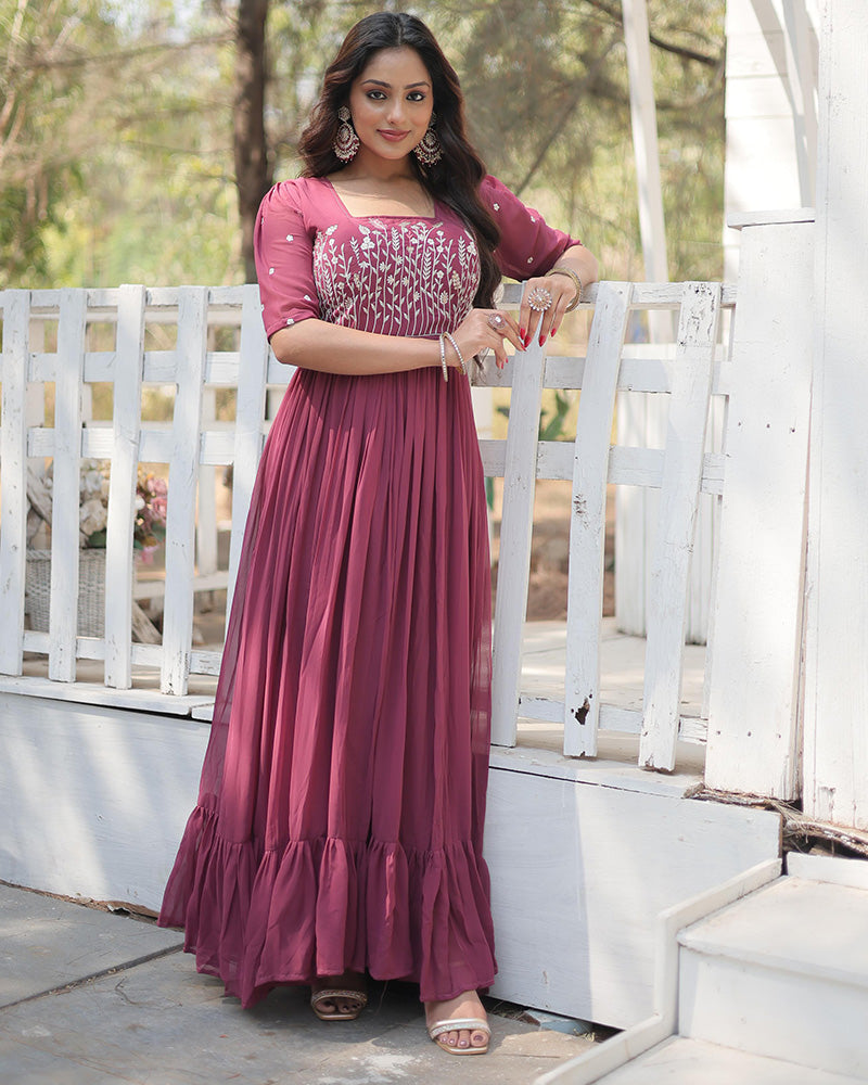 Dark Dusty Color Faux Georgette Embroidered Anarkali Gown