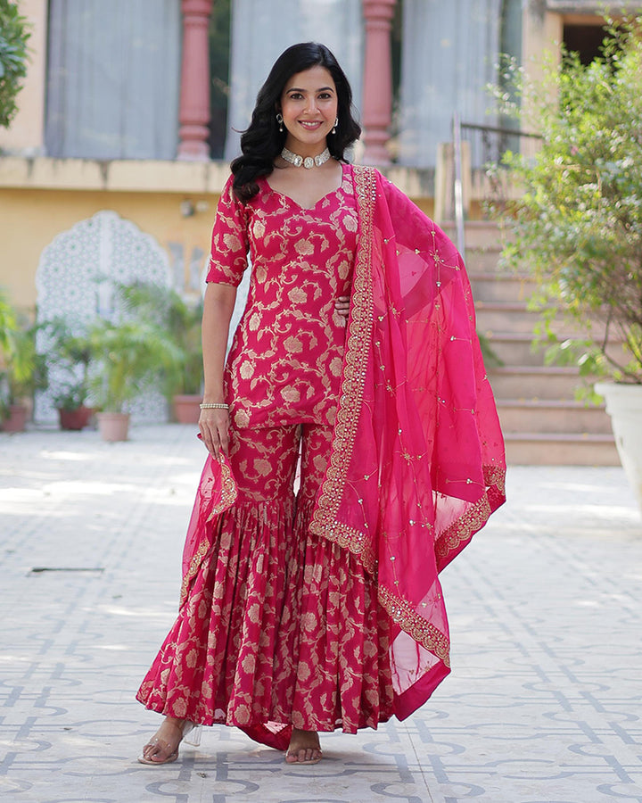 Rani Pink Color Georgette Jacquard Gharara Suit